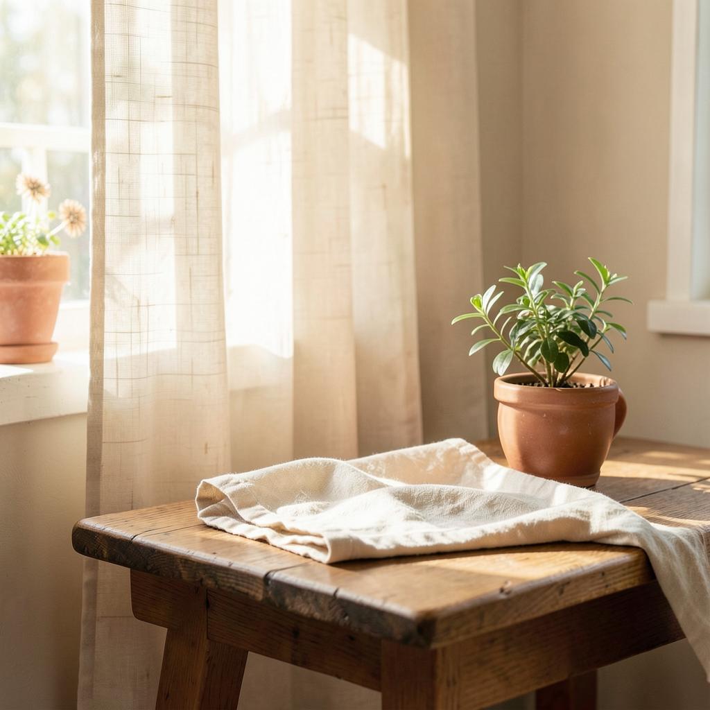 A calm, sunlit home interior with linen and a potted plant